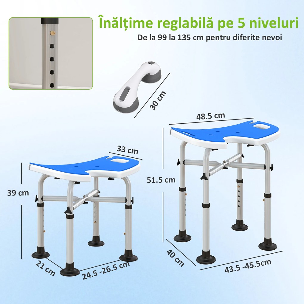 HOMCOM Taburet de Duș Reglabil pe Înălțime cu Mâner cu Ventuză și Picioare Antiderapante, 48,5x33x39-51,5 cm, Albastru | Aosom Romania