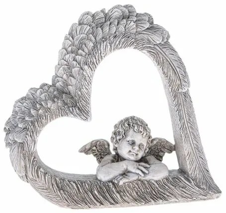 Decorațiune inimă cu înger, gri, poliresină, 14,5 x 13,5 x 4 cm