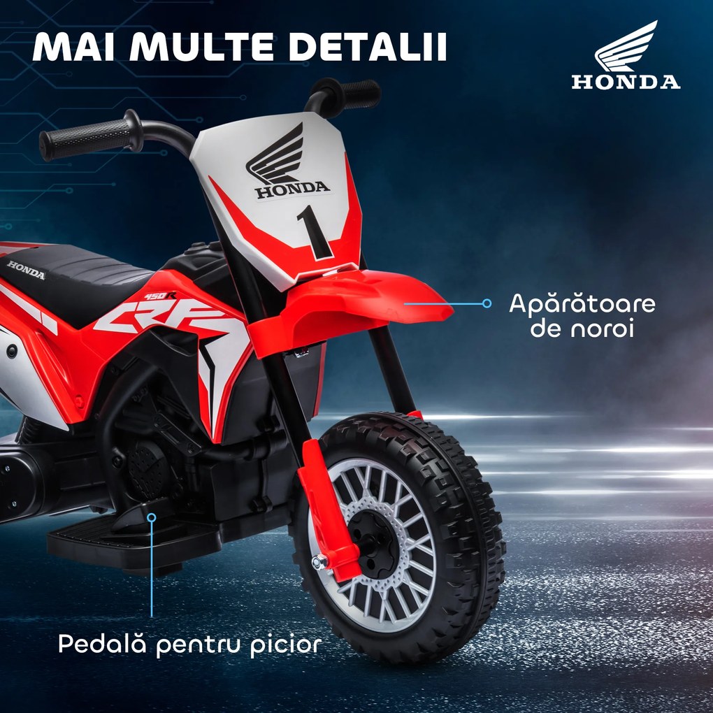 HOMCOM Motocicletă Electrică pentru Copii 6V Honda CRF450RL Licențiată Roșu 3 Roți 18-36 Luni | Aosom Romania