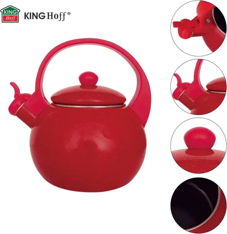 Ceainic cu fluier Kinghoff KH 2080, 2 l, interior emailat, compatibil cu plitele cu inducție, roșu