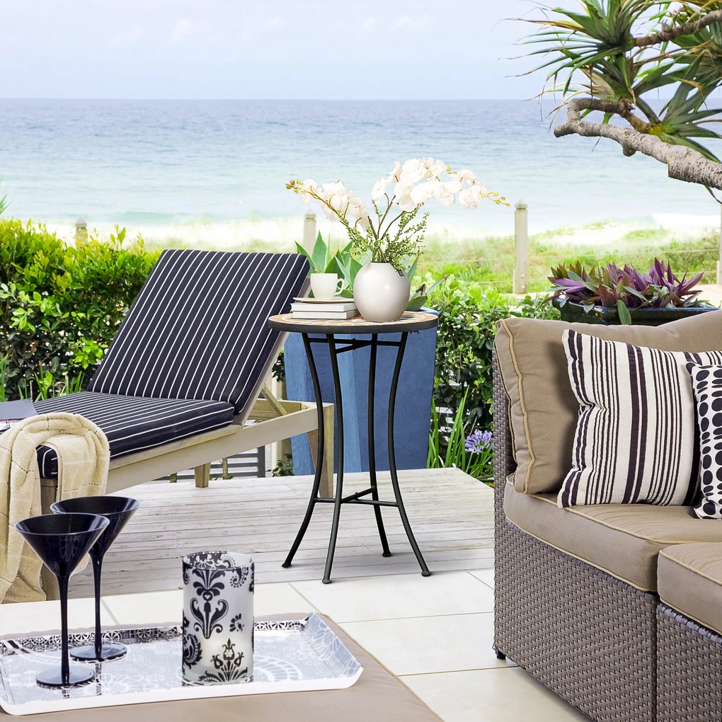 Outsunny Masă Rotundă Laterală Ø35,5cm – Masă de Patio Impermeabilă cu Design Mozaic, Măsuță din Metal pentru Living, Birou, Interior și Exterior – Galben și Gri | Aosom Romania