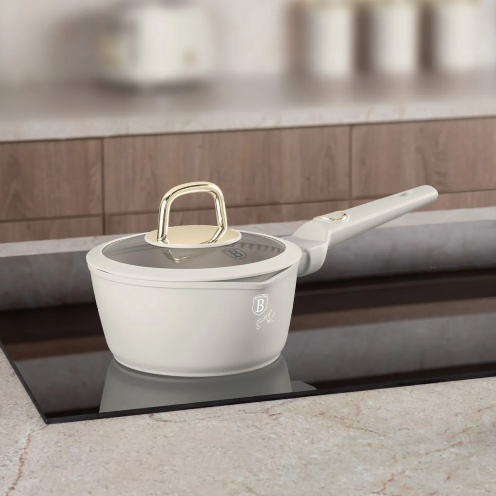 Oală pentru sos cu capac 16 cm, 1.2L – Berlinger Haus Sahara Collection BH 8058, crem, antiaderentă, pentru rețete rapide și încălzire