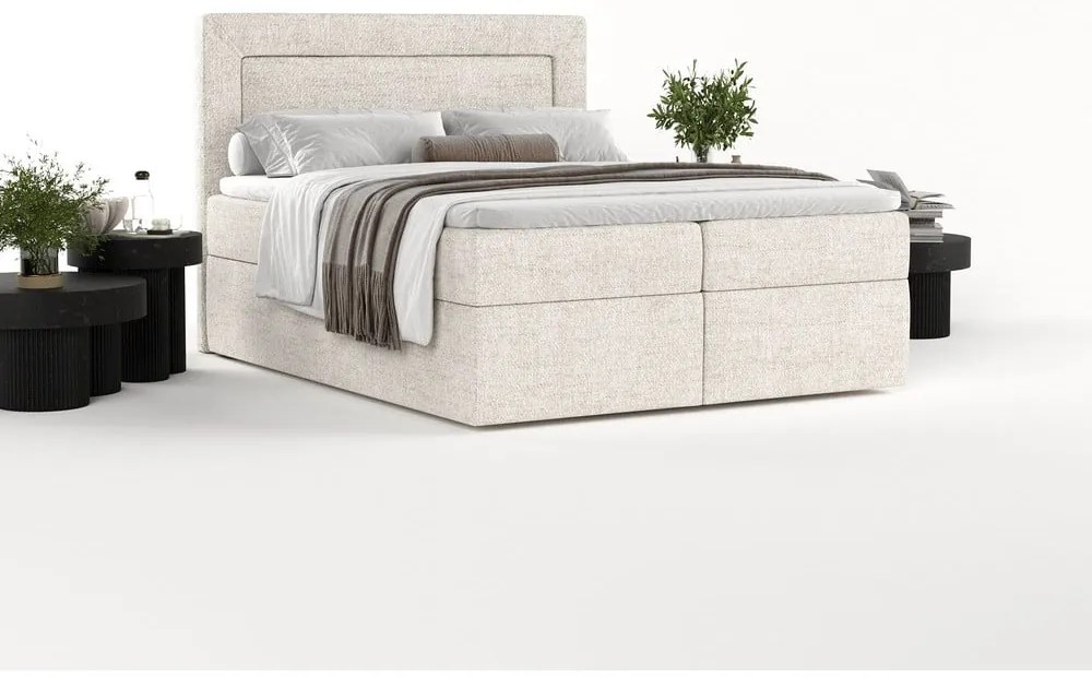 Pat boxspring crem cu spațiu de depozitare 160x200 cm Imagine – Maison de Rêve