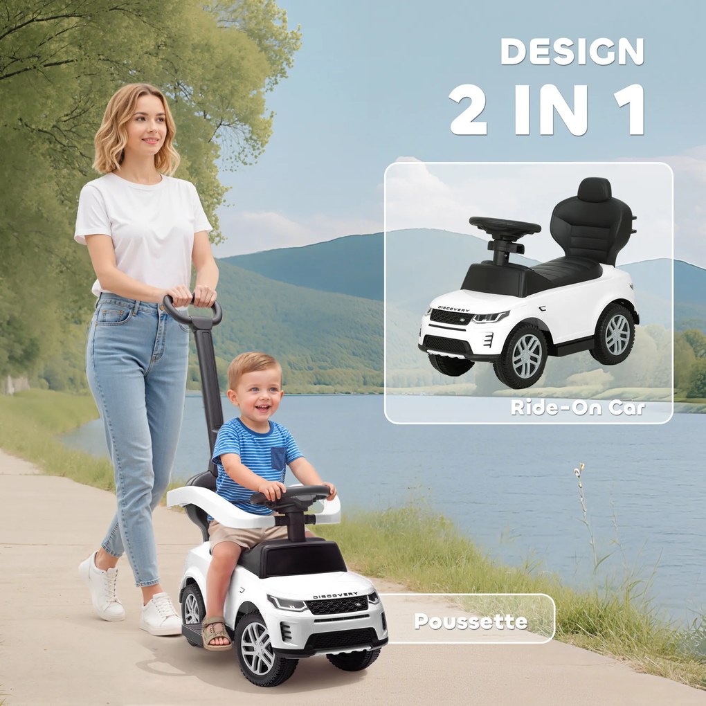 AIYAPLAY Mașinuță de Împins pentru Copii LAND ROVER DISCOVERY, 2-în-1 cu Mâner și Barieră de Siguranță, Alb | Aosom Romania