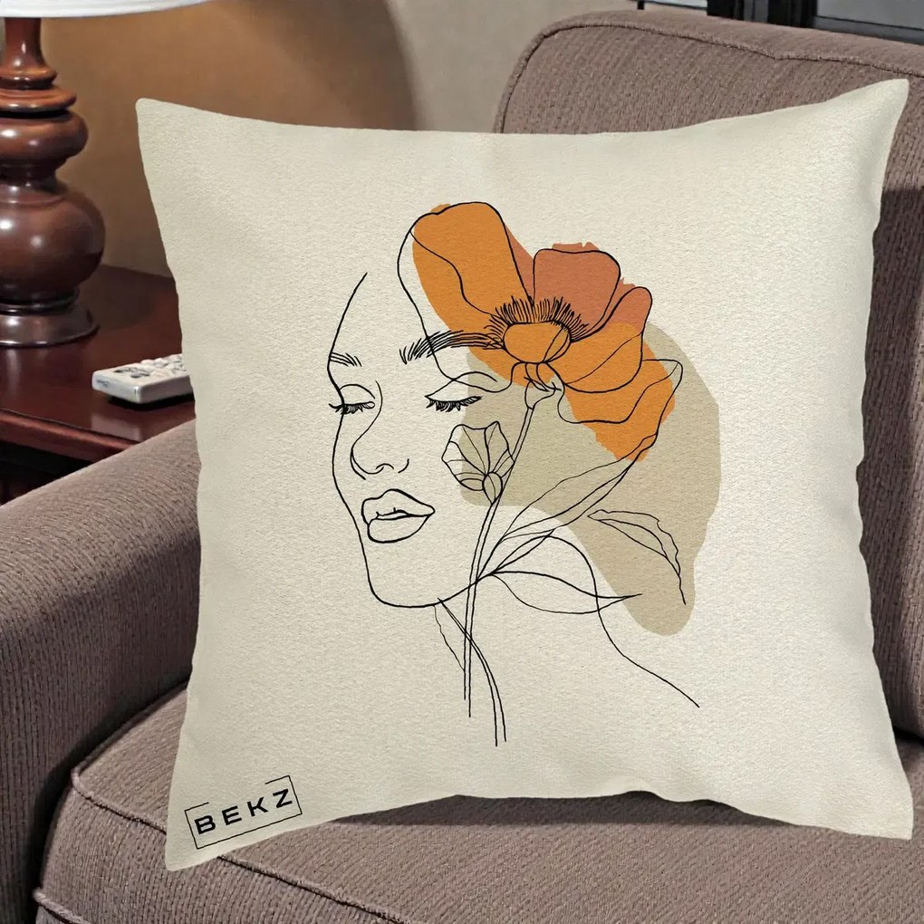 Perna Decorativa Portret Feminin Mac Mare Portocaliu, 40x40 cm, Ecru, Husa Detasabila, Perna Inclusa, BEKZ®