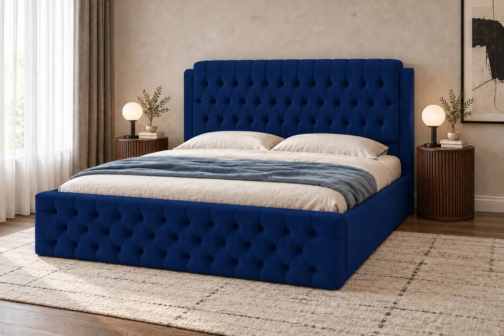 Pat tapițat din catifea Aveline 160×200 cm, bleumarin, cu ladă de depozitare