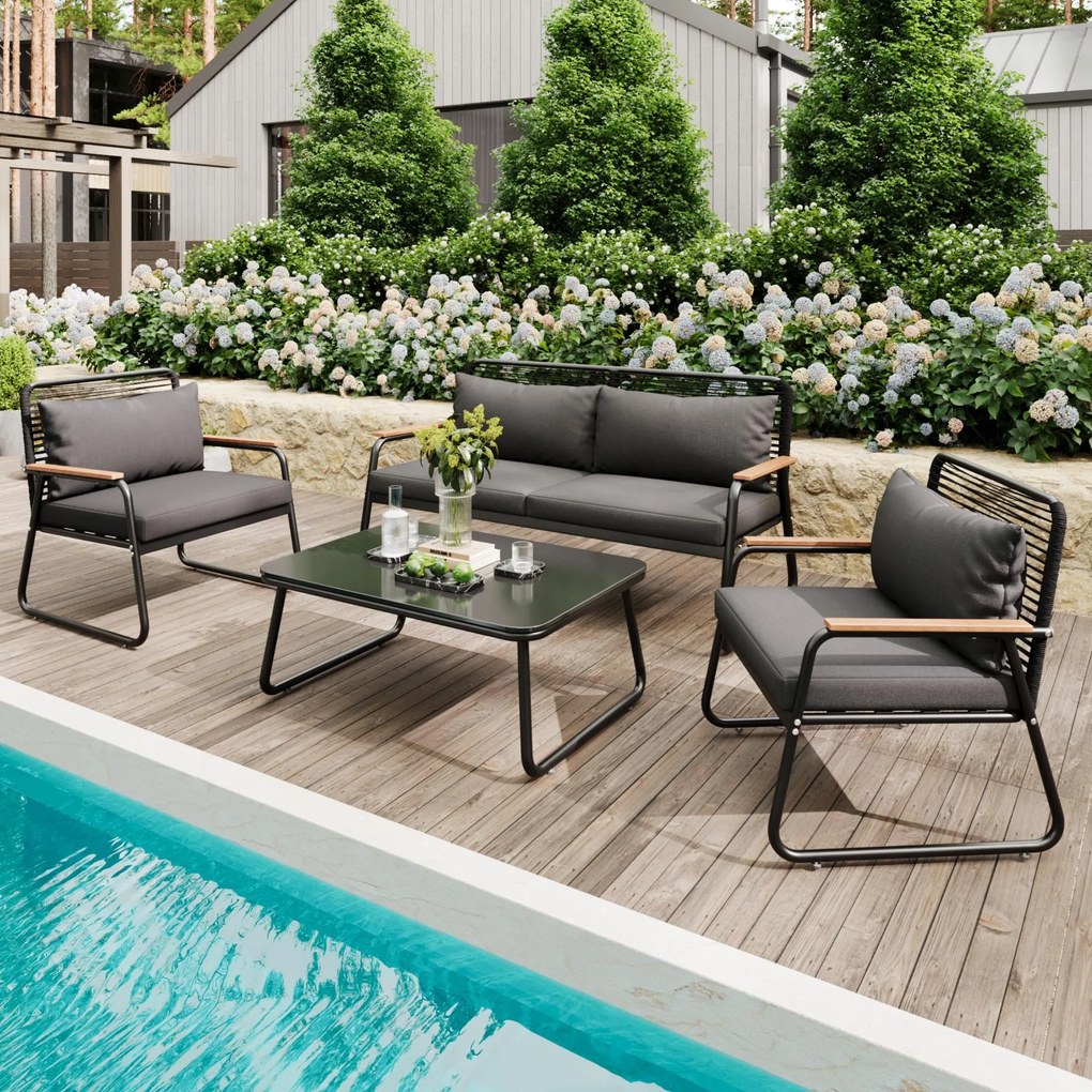 Set de lounge pentru grădină pentru 4 persoane, cu canapea dublă, 2 canapele individuale și 1 măsuță de cafea, Negru