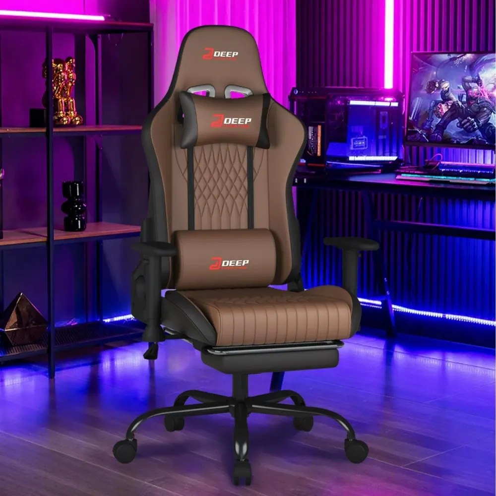 Scaun gaming, Pernă lombară cu Masaj vibrator, Suport pentru picioare, Cotiere 2D, piele PU, Maro