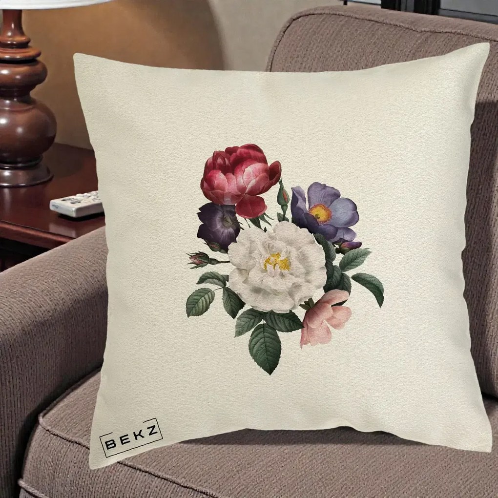 Perna Decorativa Buchet Trandafiri Bujori Botanical, 40x40 cm, Ecru, Husa Detasabila, Perna Inclusa, BEKZ®