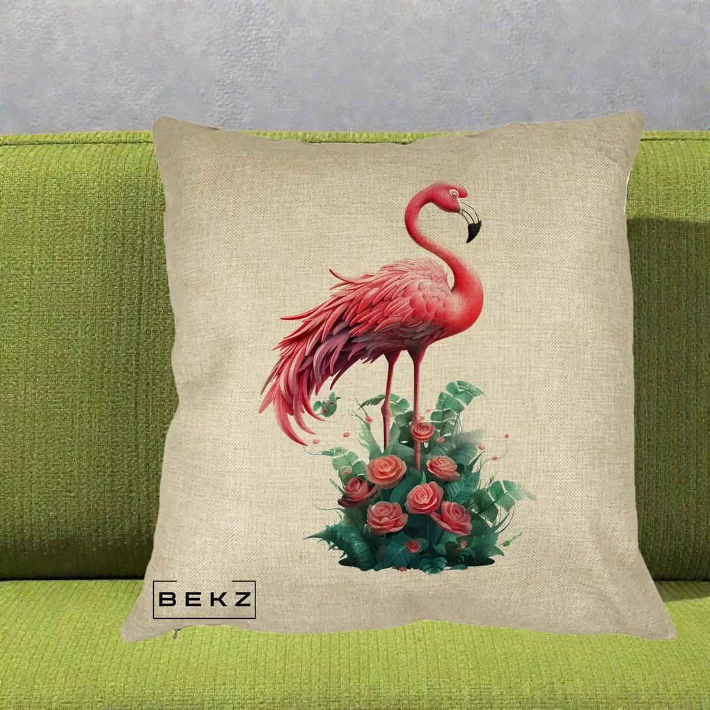 Perna Decorativa Flamingo cu Trandafiri Tropicali, 40x40 cm, Crem, Husa Detasabila, Perna Inclusa, BEKZ®