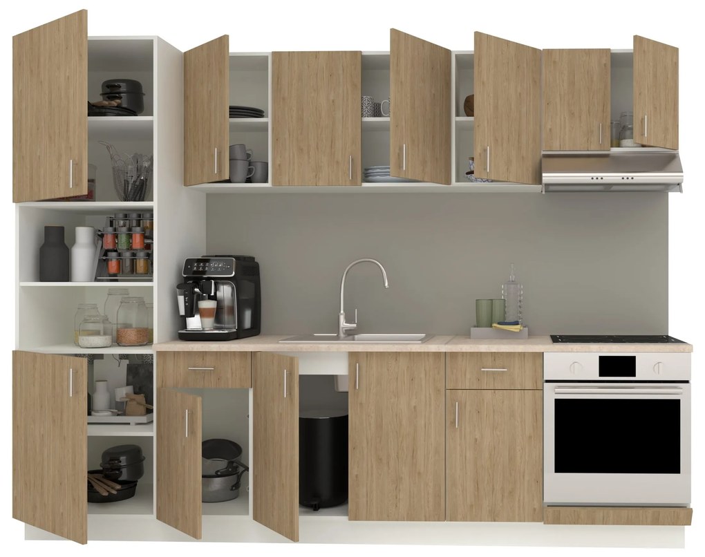 Set Bucatarie Karo V24, Lemn Natural/Alb, Blat Thermo 28 mm, L 280 cm