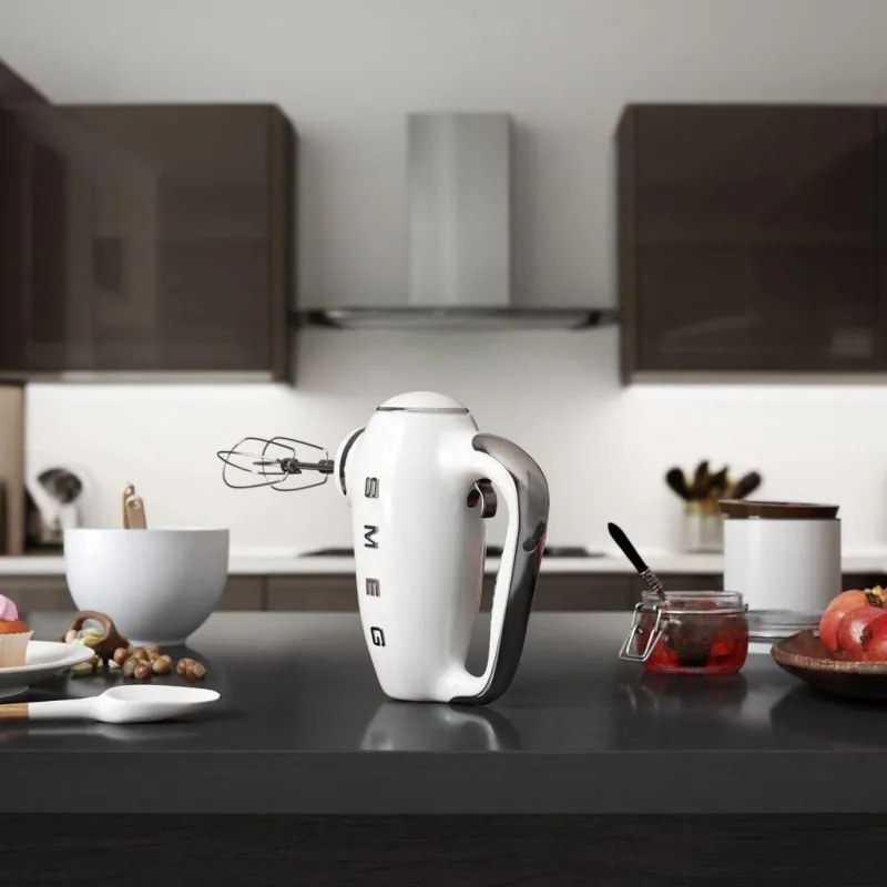 Mixer manual SMEG 50's Style HMF01WHEU, 250 W, 9 viteze, Functie Turbo, Afisaj LED, Timer, Accesorii, Alb