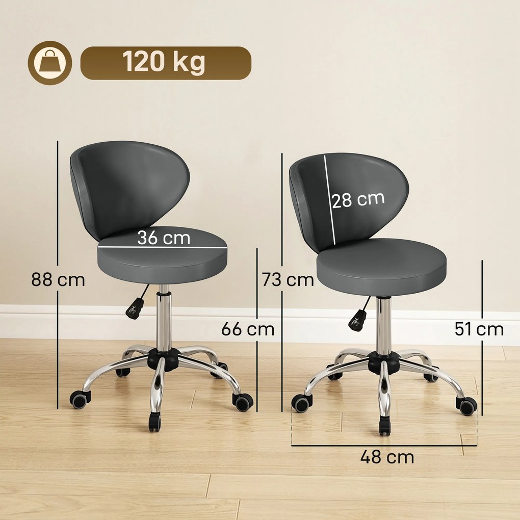 HOMCOM Taburet cu roți, taburet de masaj din PU cu înălțime reglabilă 73-88 cm și spătar, pivotant 360°, gri | Aosom Romania