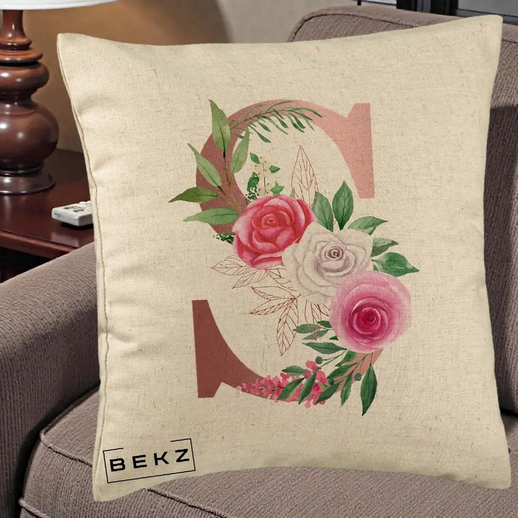 Cadou Personalizat - Perna Personalizata Monograma Rose Gold Litera S, 40x40 cm, Bej, Husa Detasabila, Perna Inclusa, BEKZ®