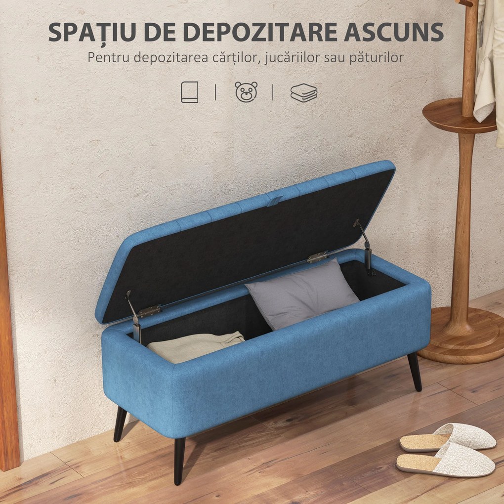 HOMCOM Bancă de depozitare 40", tapițată din material textil cu picioare din oțel pentru Living sau Dormitor, Albastru Închis | Aosom Romania