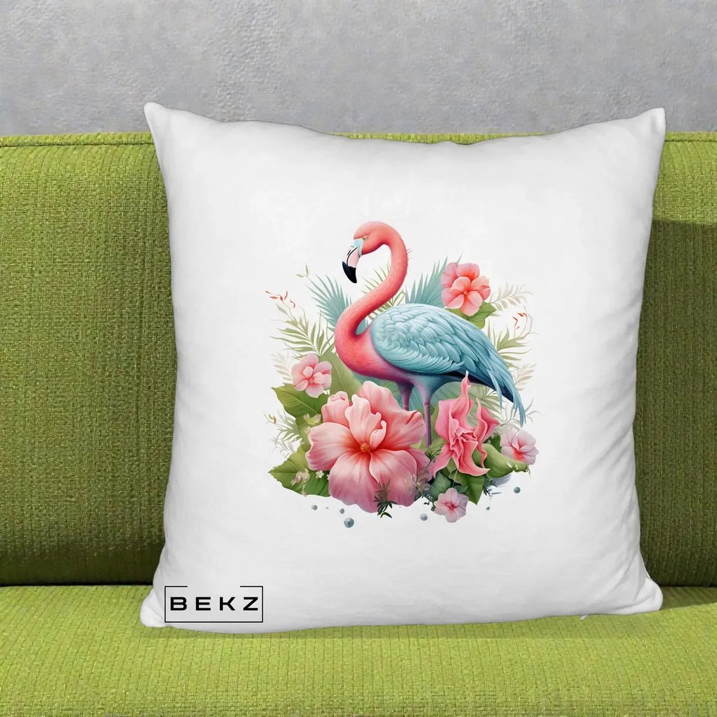 Perna Decorativa Flamingo cu Hibiscus Tropical, 40x40 cm, Alb Pufos, Husa Detasabila, Perna Inclusa, BEKZ®