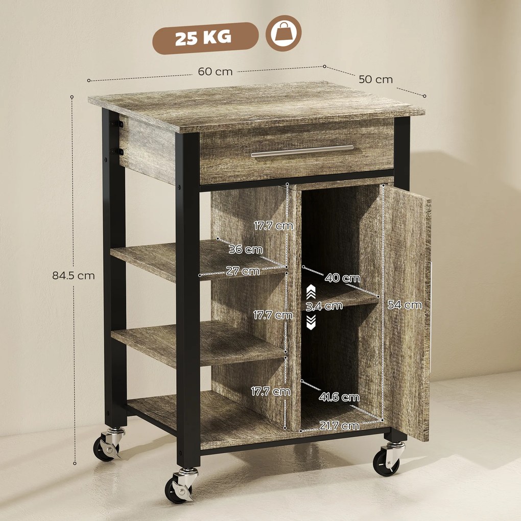 Carucior de bucatarie HOMCOM cu suport de pahare, sertar, rafturi, 4 roti | Aosom RO