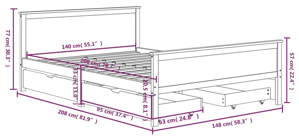 Cadru de pat cu 4 sertare maro miere 140x200 cm lemn masiv pin maro miere, 140 x 200 cm, 4 Sertare