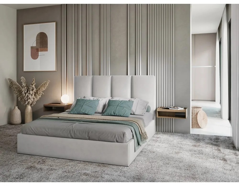 Pat matrimonial 180x200 cm gri deschis tapițat cu spațiu de depozitare cu somieră Juniper – Mazzini Beds