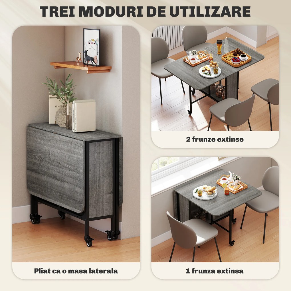 HOMCOM Masă Pliabilă, Rabatabilă pentru 4-6 Persoane cu Raft și 6 Roți, din Lemn și Metal, 130x80x74 cm, Gri | Aosom Romania