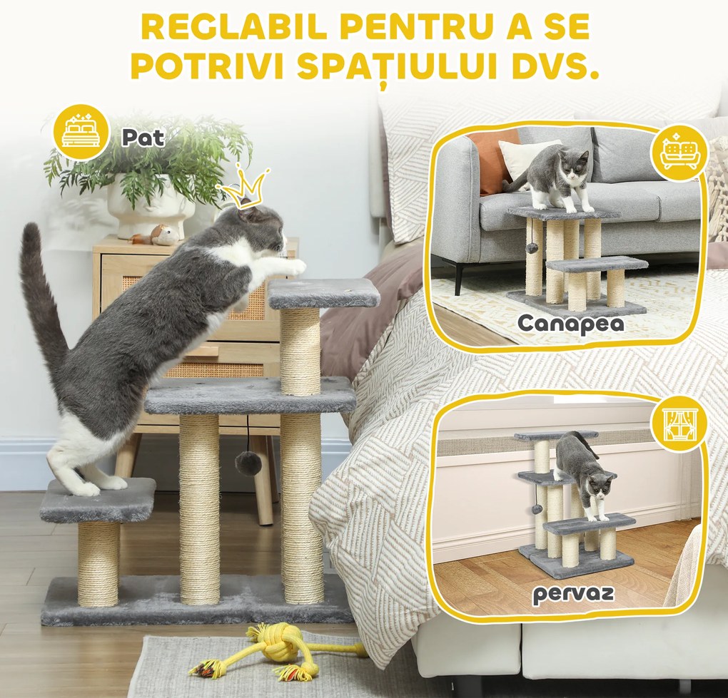 PawHut Scară pentru Câini și Pisici cu 3 Trepte din Pluș și Stâlpi Zgâriători din Sisal, Capacitate 10 kg, Gri | Aosom Romania