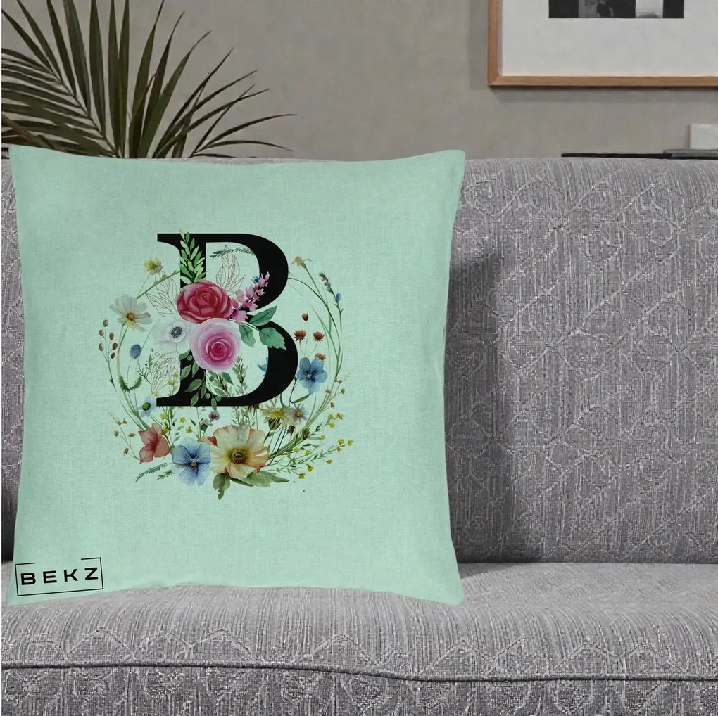 Cadou Personalizat - Perna Personalizata Monogram Litera B cu Flori Acuarela, 40x40 cm, Verde Menta, Husa Detasabila, Perna Inclusa, BEKZ®