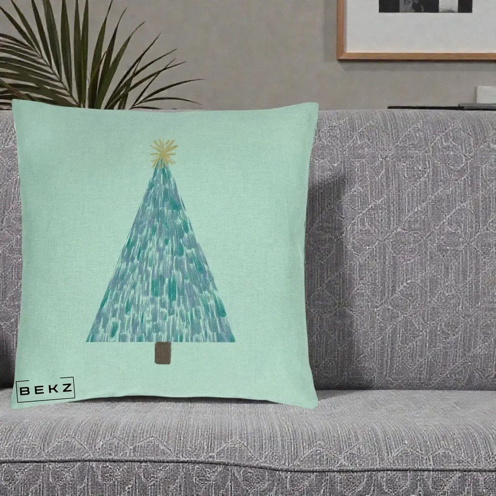 Perna Decorativa Brad de Craciun Acrilic Albastru, 40x40 cm, Verde Menta, Husa Detasabila, Perna Inclusa, BEKZ®