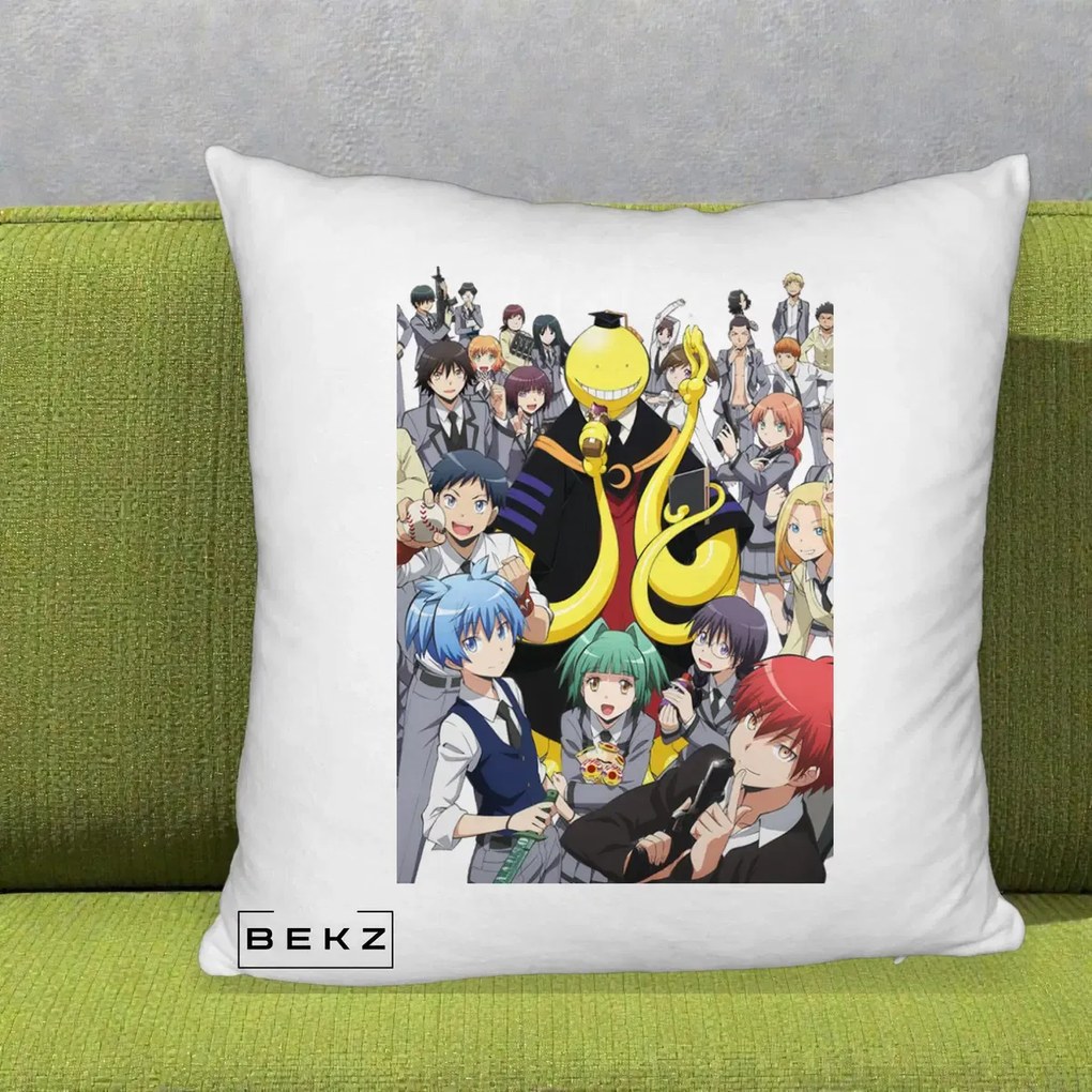 Perna Personalizata Assassination Classroom Grup Complet Anime, 40x40 cm, Alb Pufos, Husa Detasabila, Perna Inclusa, BEKZ®
