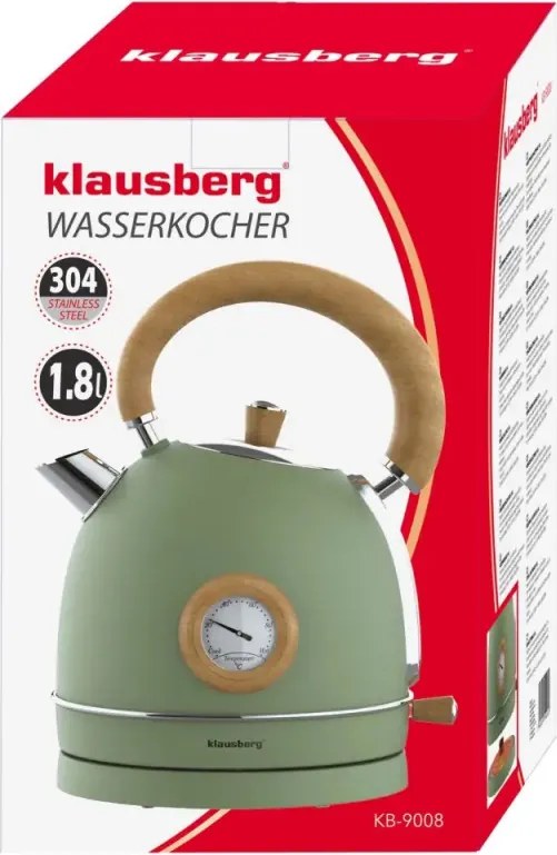 Ceainic electric Klausberg KB 9008, 2200 W, 1,8 l, Baza rotativa la 360°, Indicator de nivel al apei, Termometru, Verde