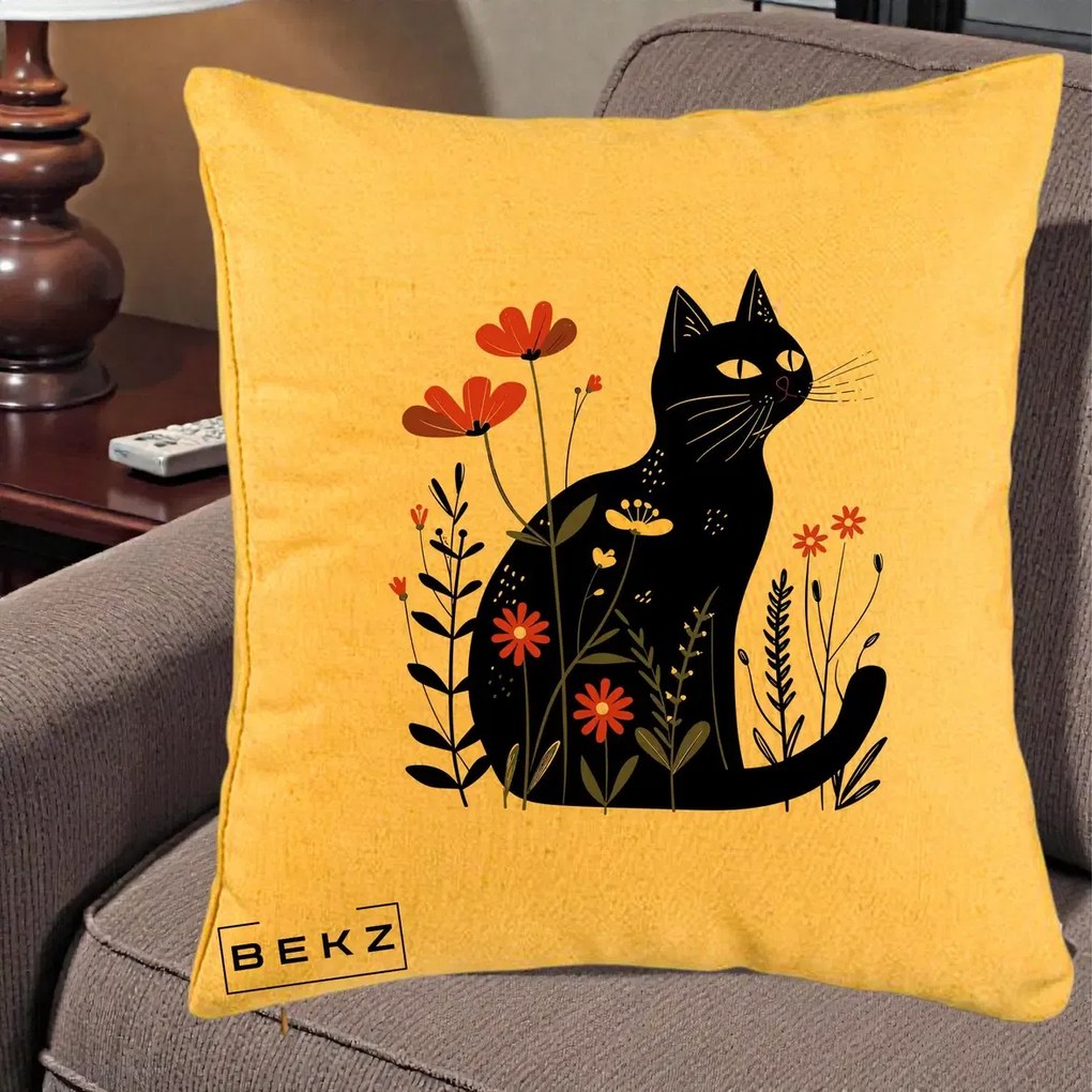 Perna Decorativa Pisica Neagra Flori Rosii Folk, 40x40 cm, Galben, Husa Detasabila, Perna Inclusa, BEKZ®