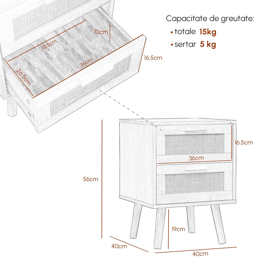 HOMCOM Set 2 Noptiere Boho Elegante, Mobilier Dormitor cu 2 Sertare, 40x40x56cm, Lemn Natural | Aosom Romania