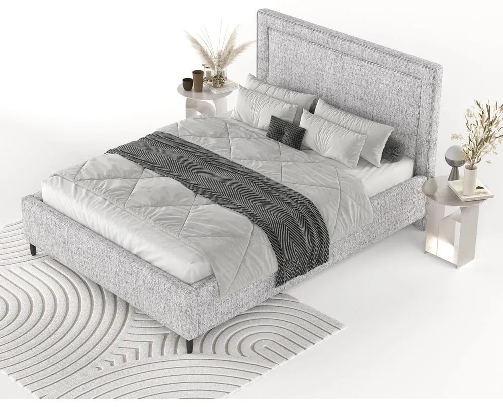 Pat matrimonial gri deschis tapițat cu spațiu de depozitare cu somieră 180x200 cm Baleine – Maison de Rêve
