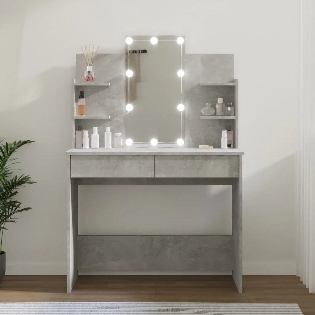 808823 vidaXL Masă de toaletă cu LED, gri beton, 96x40x142 cm