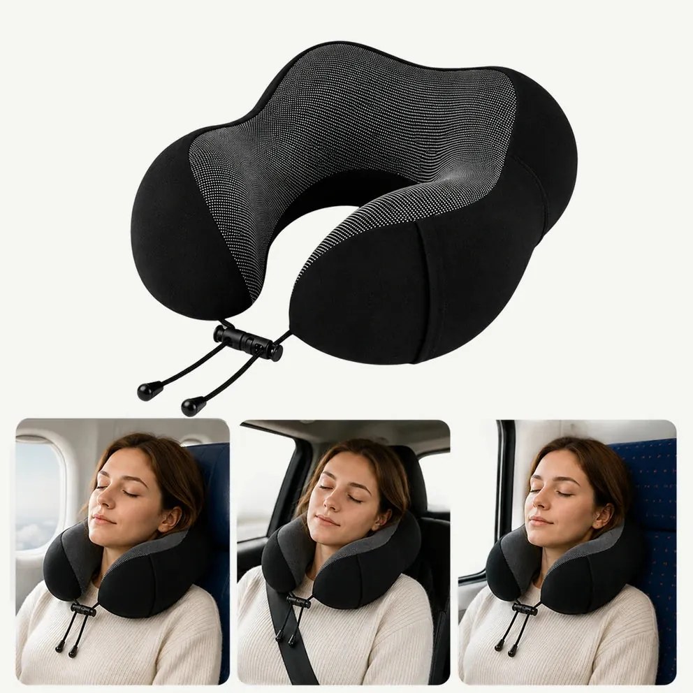 Perna de calatorie cervicala memory foam pentru gat, husa catifea, Negru/Gri