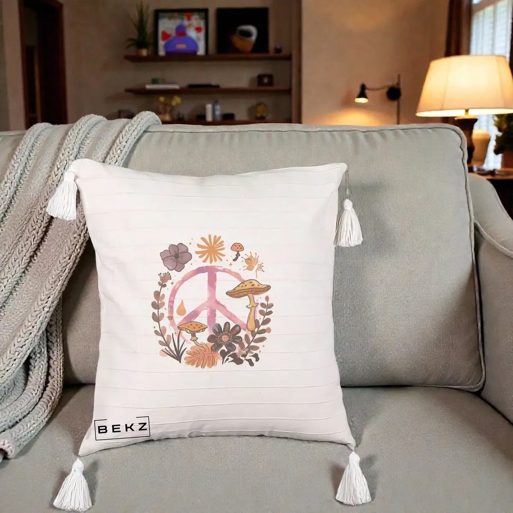 Perna Decorativa Peace Ciuperci Boho, 40x40 cm, Bej cu Franjuri, Husa Detasabila, Perna Inclusa, BEKZ®