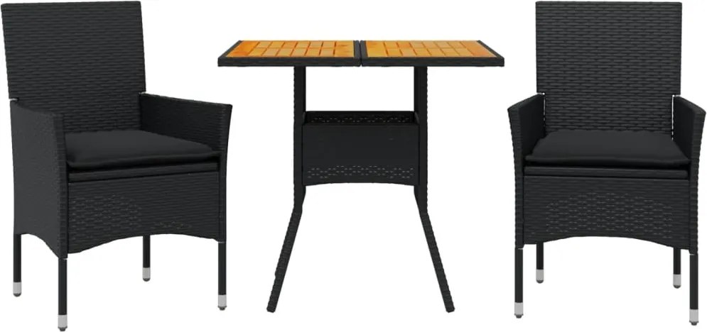 vidaXL Set mobilier grădină perne 3 piese negru poliratan/lemn acacia
