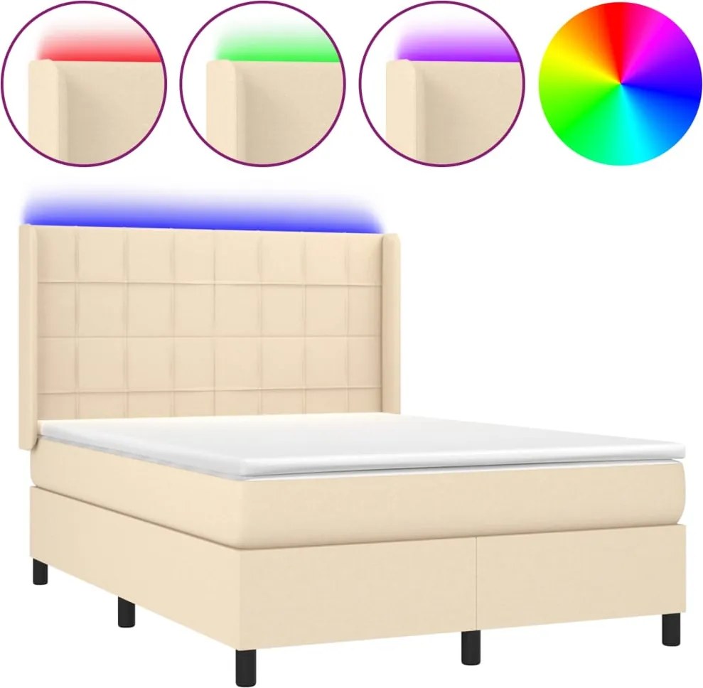vidaXL Pat cu arcuri, saltea și LED, crem, 140x190 cm, textil