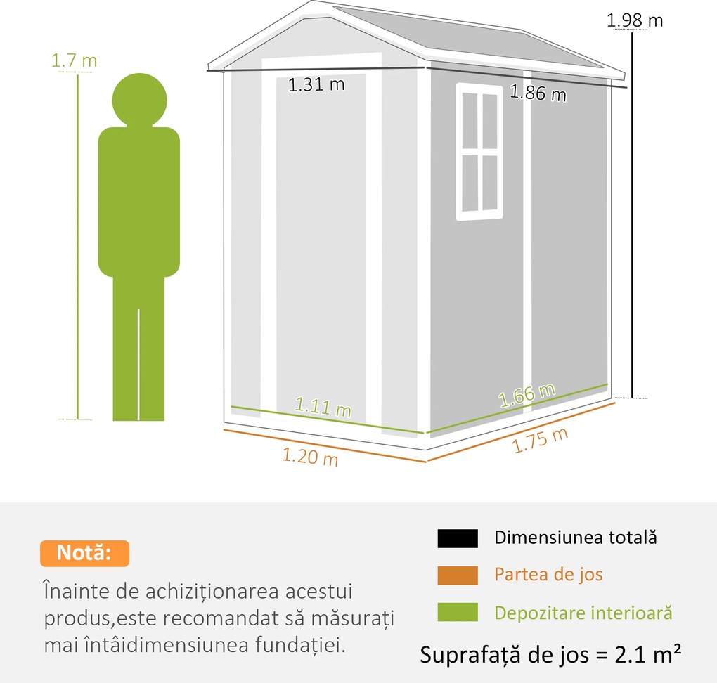 Outsunny Șopron de Grădină din PP cu Podea, Ușă cu Încuietoare și Acoperiș Înclinat, 131x186x198 cm, Gri | Aosom Romania