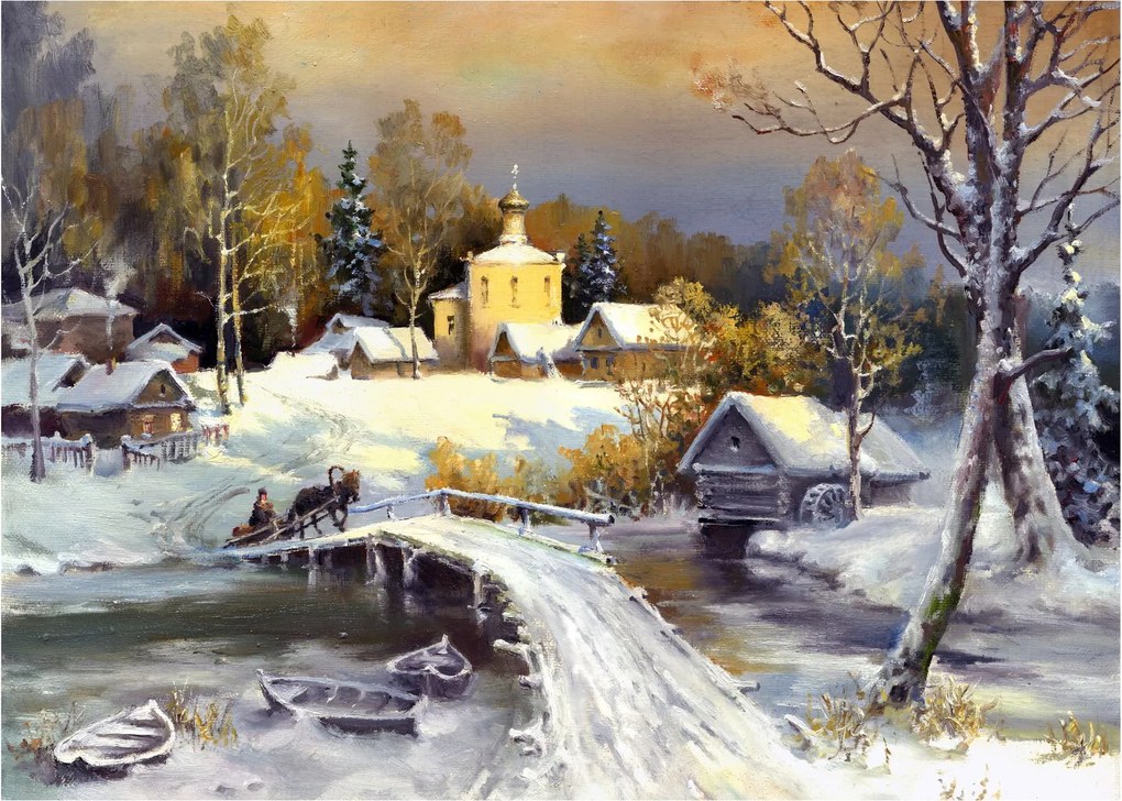 Tablou pe sticlă - Orășel iarna (70x50 cm)