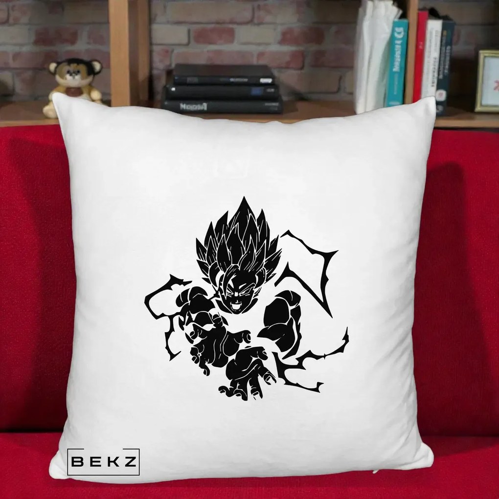 Perna Personalizata Dragon Ball Goku Super Saiyan Silueta, 40x40 cm, Alb Pufos, Husa Detasabila, Perna Inclusa, BEKZ®