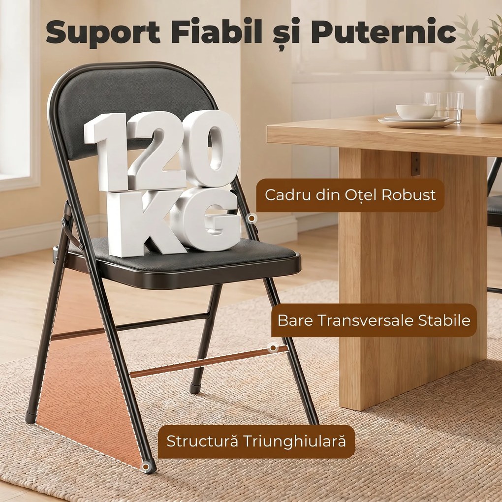 HOMCOM Set de 2 Scaune Pliabile Metalice, Tapițate cu Piele Ecologică PU, pentru Interior, cu Șezut Confortabil și Spătar Deschis | Aosom Romania
