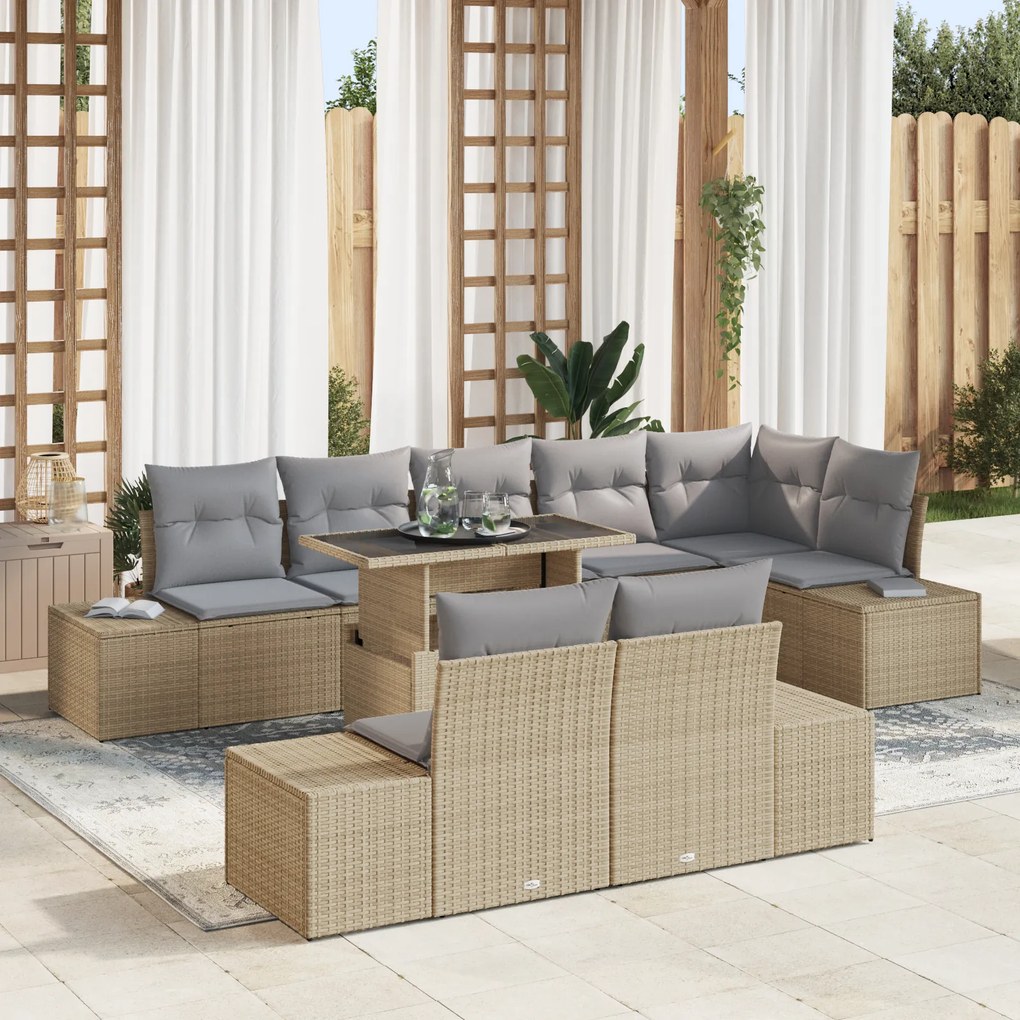 vidaXL Set de canapea de grădină 9 piese, perne bej, rattan poli