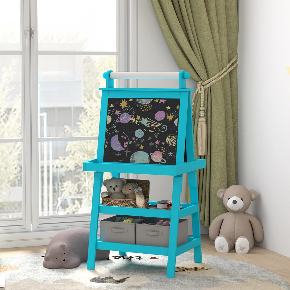AIYAPLAY Tablă de Desen Dublă cu Magnet, Sul de Hârtie și Depozitare, Pentru Copii 3-6 Ani, 59x48x118 cm, Albastru | Aosom Romania