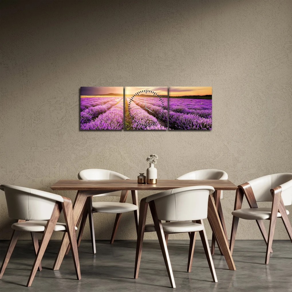 Tablou - Răsărit de soare în câmp de lavandă (cu ceas) (90x30 cm)