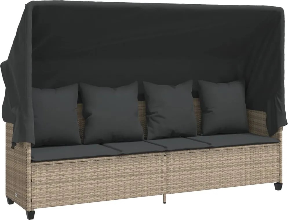 vidaXL Șezlong cu baldachin și perne, gri deschis, poliratan