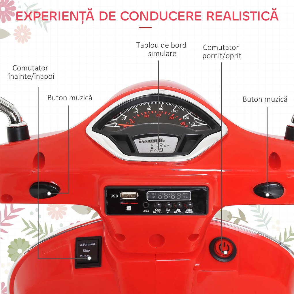 HOMCOM Motocicletă Electrică pentru Copii, 6V cu Muzică, Lumini și Sunete, 102x50,5x75,5 cm, Roșu | Aosom Romania