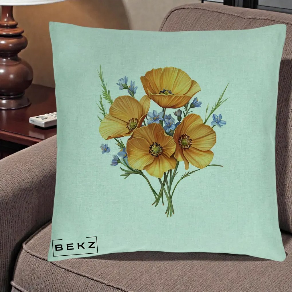 Perna Decorativa Maci Portocalii cu Floricele Albastre, 40x40 cm, Verde Menta, Husa Detasabila, Perna Inclusa, BEKZ®