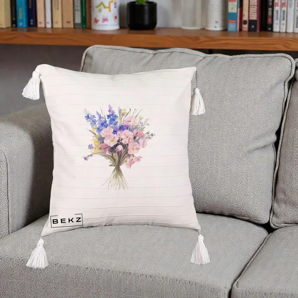 Perna Decorativa Buchet Floral Acuarela Primavara, 40x40 cm, Bej cu Franjuri, Husa Detasabila, Perna Inclusa, BEKZ®