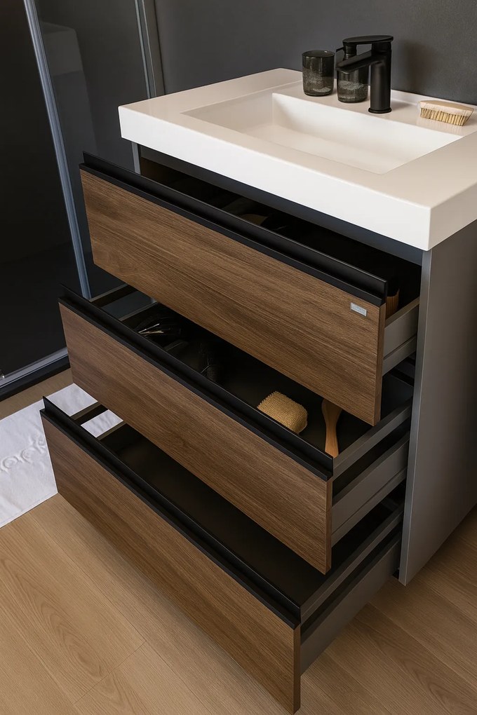 Set dulap de baie cu lavoar inclus 100 cm, 3 sertatre soft-close, steja inchis, Kolpasan, Harmony