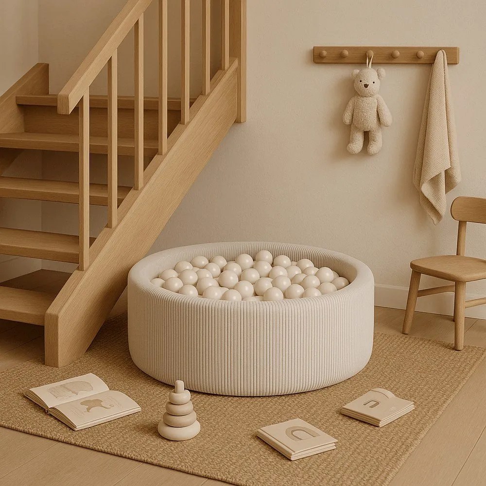 Piscină cu bile crem din catifea reiată ø 90x30 cm Montessori – Meowbaby